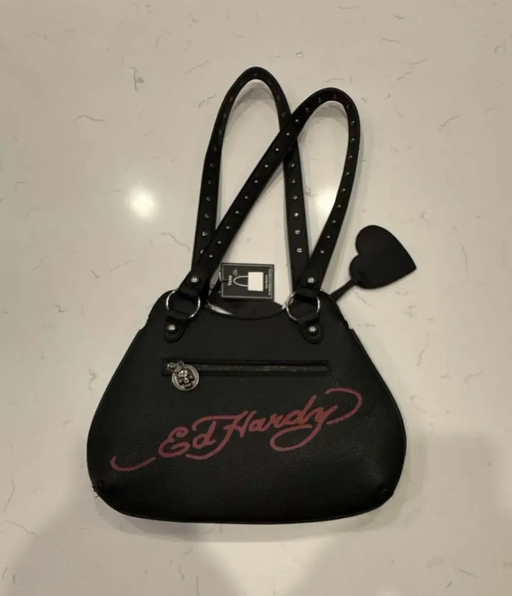 Ed Hardy Black Vegan Leather Studded Crossbody Shoulder Handbag with Rhinestone